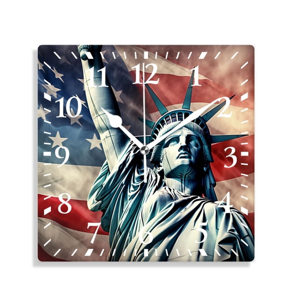 12 Inch Wall Clock Battery Operated Silent Clock Decorative for Office, Kitchen, Outdoor, Living RoomAmerican Flag Statue of Liberty Landmark Vintage Stylish Colorful