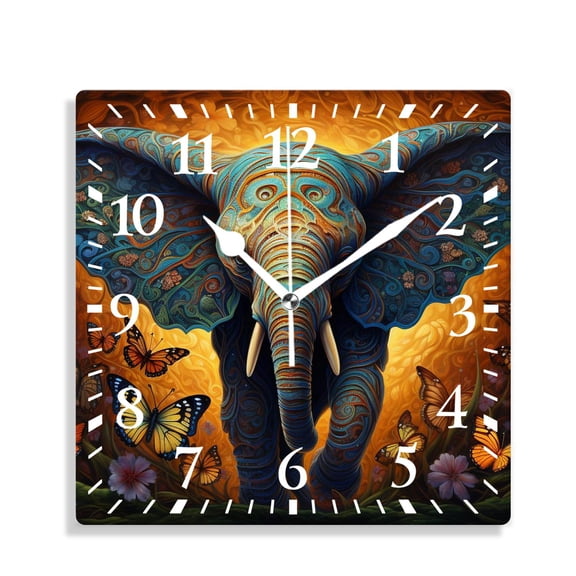 12 Inch Wall Clock Battery Operated Silent Clock Decorative for Office, Kitchen, Outdoor, Living RoomAnimal Elephant with Beautiful Butterfly Wings Ear in forest Exquisite