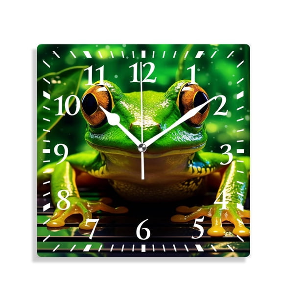12 Inch Wall Clock Battery Operated Silent Clock Decorative for Office, Kitchen, Outdoor, Living RoomAnimal Frog Peek Succulent Leaf Green Jungle Tree forest Style