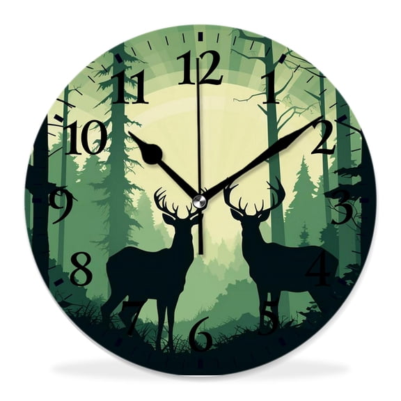 12 Inch Wall Clock Battery Operated Silent Clock Decorative for Office, Kitchen, Outdoor, Living RoomAntlers Male Deer on a Meadow with Trees and Crow Bird Exquisite