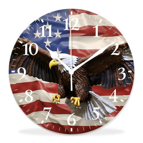 12 Inch Wall Clock Battery Operated Silent Clock Decorative for Office, Kitchen, Outdoor, Living Room,Bald Eagle Superimposed Over UsaFlag Lovely Pattern