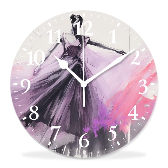 12 Inch Wall Clock Battery Operated Silent Clock Decorative for Office, Kitchen, Outdoor, Living RoomBallerina Dancer in Beautiful Ballet Suit Dancing on White Design
