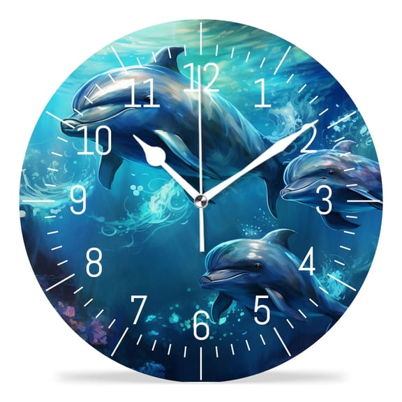 12 Inch Wall Clock Battery Operated Silent Clock Decorative for Office, Kitchen, Outdoor, Living RoomBeautiful Dolphin Ocean Sea Coral Reef Beautiful
