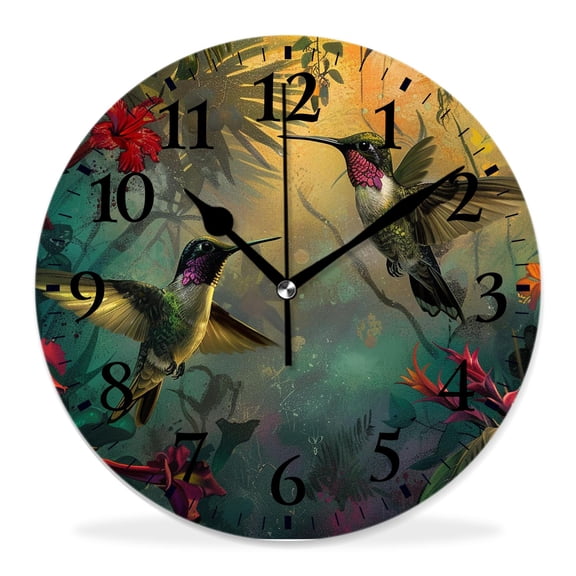 12 Inch Wall Clock Battery Operated Silent Clock Decorative for Office, Kitchen, Outdoor, Living RoomBeautiful Hummingbird Flower Landscape Nature Multicolor