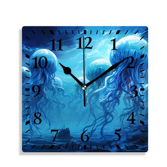 12 Inch Wall Clock Battery Operated Silent Clock Decorative for Office, Kitchen, Outdoor, Living Room,Blue Jellyfish Swimming Underwater Ocean Animal Sea Life Exquisite
