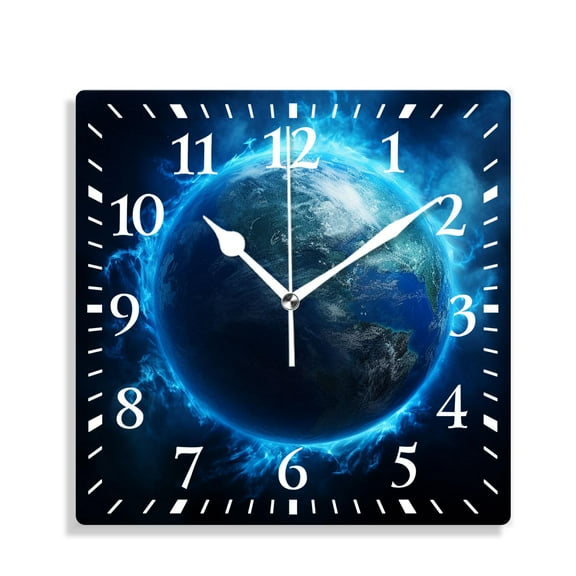 12 Inch Wall Clock Battery Operated Silent Clock Decorative for Office, Kitchen, Outdoor, Living RoomBlue Shiny Earth in Space Globe Planet Solar Print Exquisite