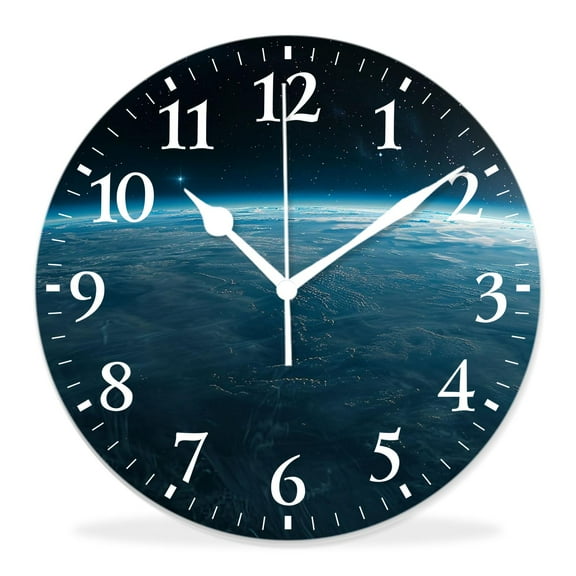 12 Inch Wall Clock Battery Operated Silent Clock Decorative for Office, Kitchen, Outdoor, Living RoomBlue Shiny Earth in Space Luminous Globe Planet Solar Chic