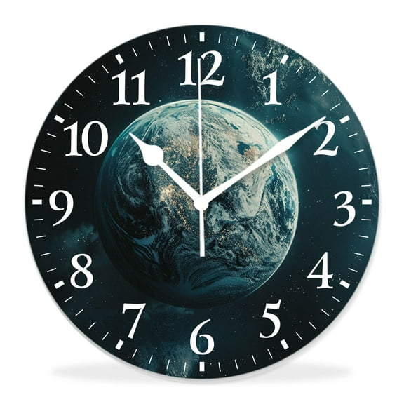 12 Inch Wall Clock Battery Operated Silent Clock Decorative for Office, Kitchen, Outdoor, Living RoomBlue Shiny Earth in Space Luminous Globe Planet Solar System Stunning