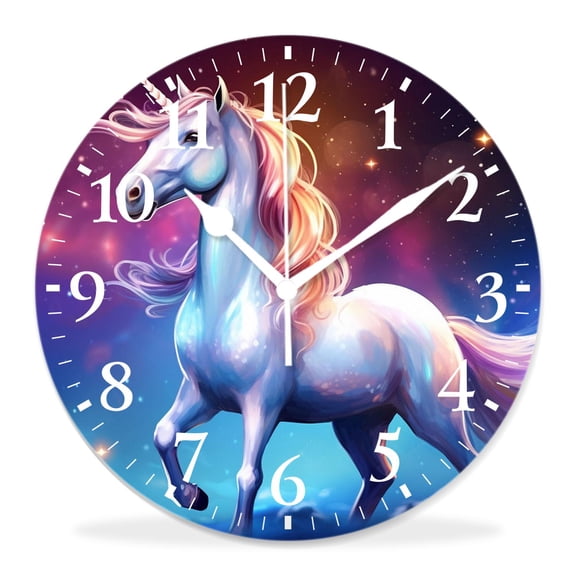 12 Inch Wall Clock Battery Operated Silent Clock Decorative for Office, Kitchen, Outdoor, Living RoomBlue Sparkling Unicorn Head Magic Glowing Star Picture