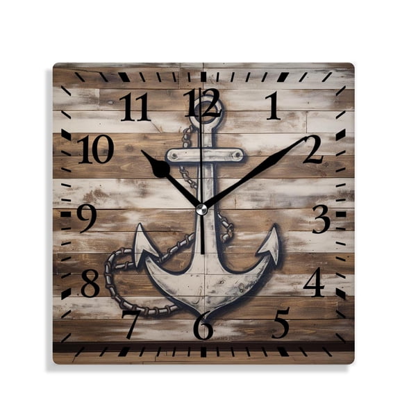 12 Inch Wall Clock Battery Operated Silent Clock Decorative for Office, Kitchen, Outdoor, Living RoomBrown and White Nautical Board Hand Drawing Boating Sketch Rustic Wooden Painting