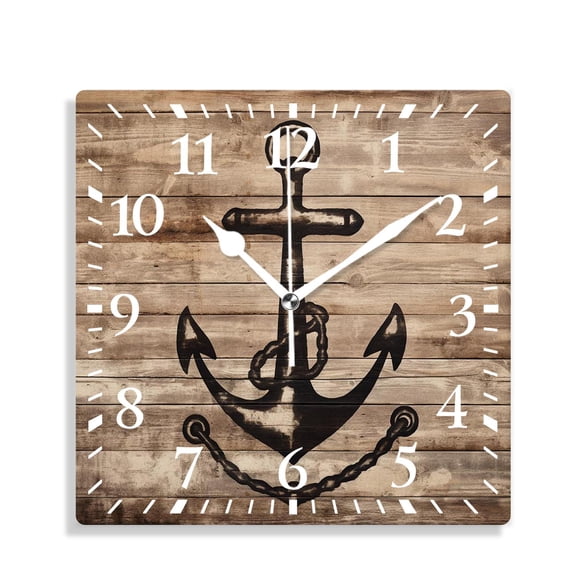 12 Inch Wall Clock Battery Operated Silent Clock Decorative for Office, Kitchen, Outdoor, Living RoomBrown and White Nautical Board Hand Drawing Boating Sketch Rustic Wooden Creative