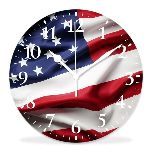 12 Inch Wall Clock Battery Operated Silent Clock Decorative for Office, Kitchen, Outdoor, Living Room，Closeup of Ruffled American Flag Beautiful Pattern