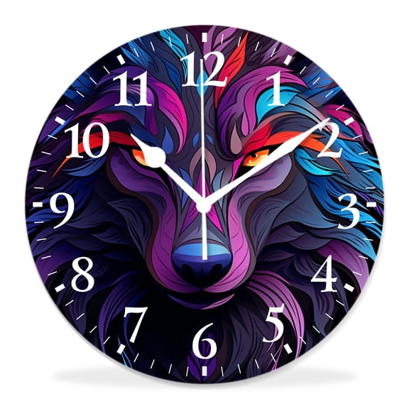 12 Inch Wall Clock Battery Operated Silent Clock Decorative for Office, Kitchen, Outdoor, Living Room，Colored Head Wolf African indian Tattoo on Black Painting