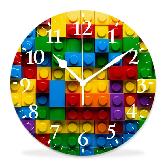 12 Inch Wall Clock Battery Operated Silent Clock Decorative for Office, Kitchen, Outdoor, Living RoomColorful Plastic Construction Block Building Blocks Print
