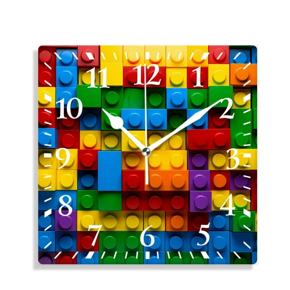 12 Inch Wall Clock Battery Operated Silent Clock Decorative for Office, Kitchen, Outdoor, Living RoomColorful Plastic Construction Block Building Blocks Print