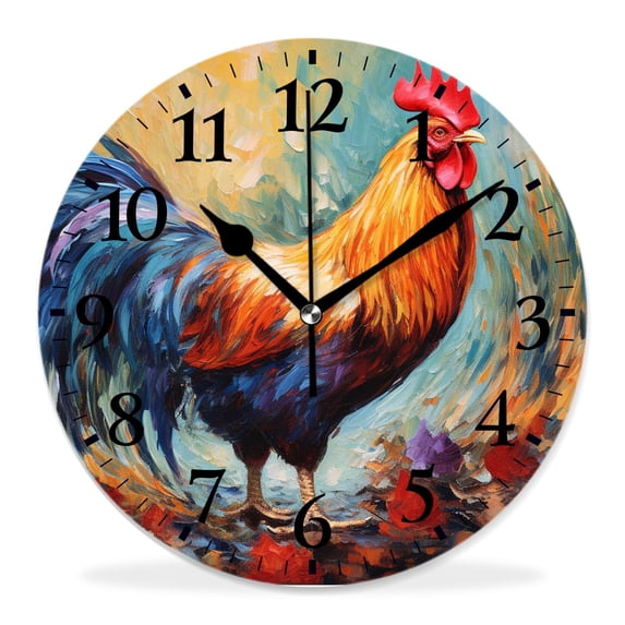 12 Inch Wall Clock Battery Operated Silent Clock Decorative for Office, Kitchen, Outdoor, Living Room,Colorful Rooster Oil Painting on Modern Impressionism Image