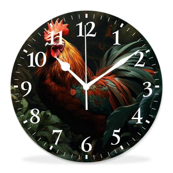 12 Inch Wall Clock Battery Operated Silent Clock Decorative for Office, Kitchen, Outdoor, Living RoomColorful Rooster Standing in Tall Ground Cover Bush Green Plant Farm Animal Elegant