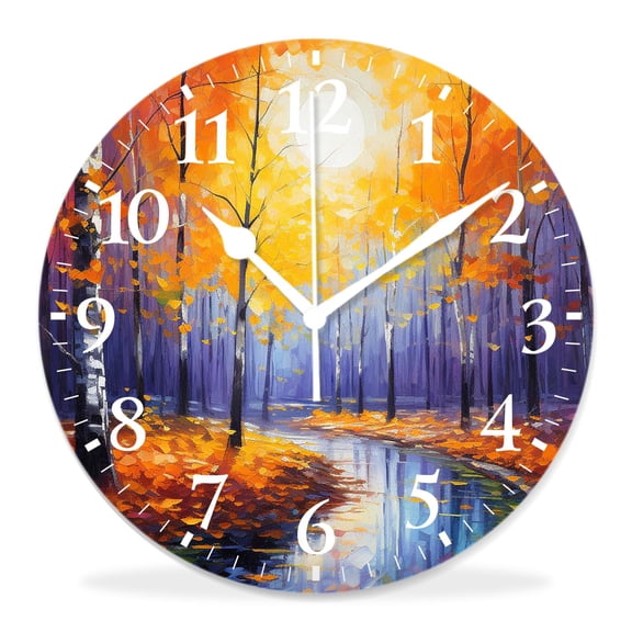 12 Inch Wall Clock Battery Operated Silent Clock Decorative for Office, Kitchen, Outdoor, Living RoomCountry Dark and Deep in The forest in Fall Autumn Season Painting