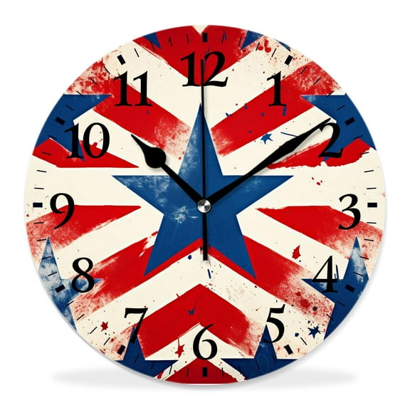 12 Inch Wall Clock Battery Operated Silent Clock Decorative for Office, Kitchen, Outdoor, Living RoomCuba Flag Retro Vintage Stars on Striped Pattern 60S Design