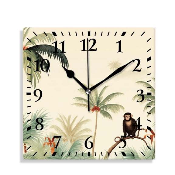 12 Inch Wall Clock Battery Operated Silent Clock Decorative for Office, Kitchen, Outdoor, Living RoomCute Cartoon Monkey on Palm Tree Hanging Branch Fruit Banana on White Beautiful