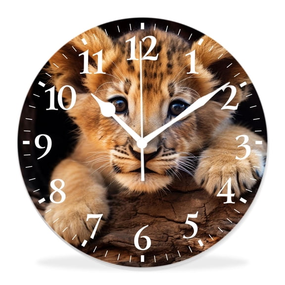 12 Inch Wall Clock Battery Operated Silent Clock Decorative for Office, Kitchen, Outdoor, Living RoomCute Lion Cubs Wildlife Africa Baby Animal Relaxing Design