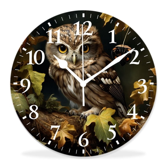 12 Inch Wall Clock Battery Operated Silent Clock Decorative for Office, Kitchen, Outdoor, Living RoomCute Owl Baby Stand on Tree Branch in forest Woodland Beautiful