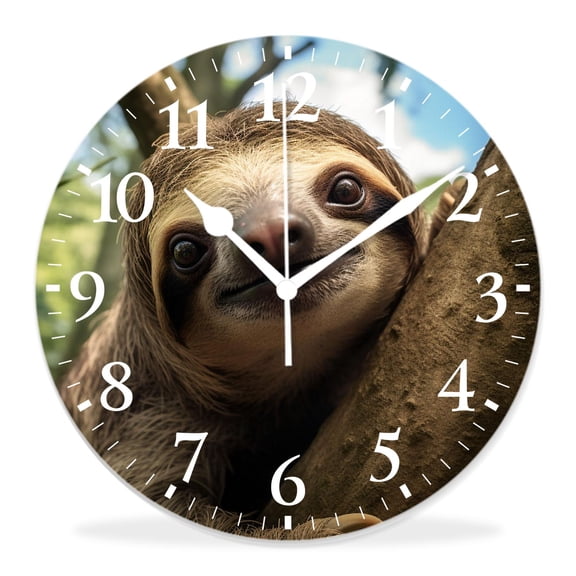 12 Inch Wall Clock Battery Operated Silent Clock Decorative for Office, Kitchen, Outdoor, Living RoomCute Sloth Animal Hanging on Jungle Tree Branch forest Style