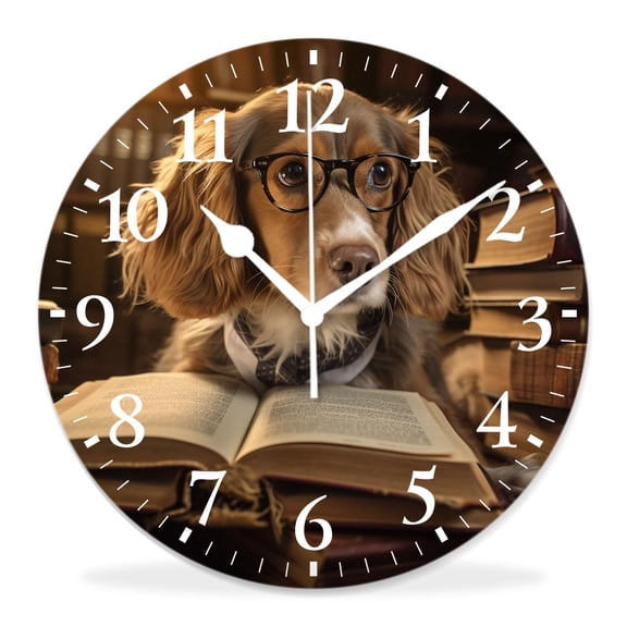 12 Inch Wall Clock Battery Operated Silent Clock Decorative for Office, Kitchen, Outdoor, Living RoomDachshund Puppy Dog Bookworm Library Vintage Image