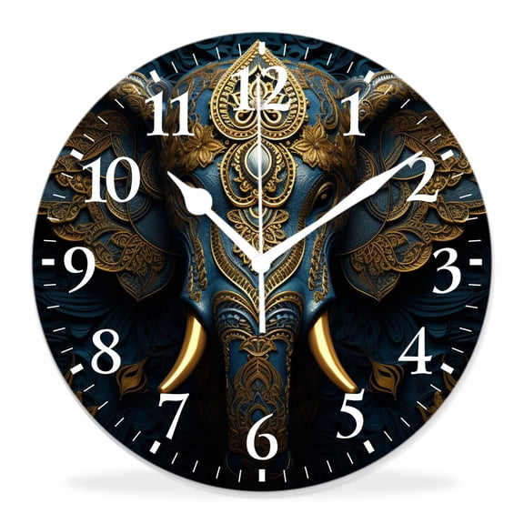 12 Inch Wall Clock Battery Operated Silent Clock Decorative for Office, Kitchen, Outdoor, Living RoomDay of The Dead Colorful Sugar Skull indian Elephant with Floral Creative