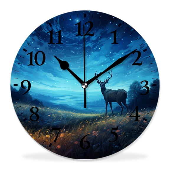 12 Inch Wall Clock Battery Operated Silent Clock Decorative for Office, Kitchen, Outdoor, Living Room，Deer Blue Sparkling Galaxy Nebula Spiral on Water Picture