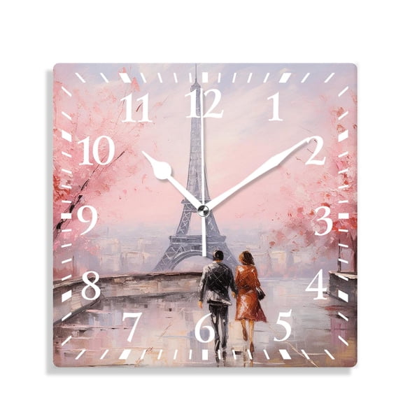 12 Inch Wall Clock Battery Operated Silent Clock Decorative for Office, Kitchen, Outdoor, Living RoomEiffel Tower Couple Light Red Paris Creative Pattern