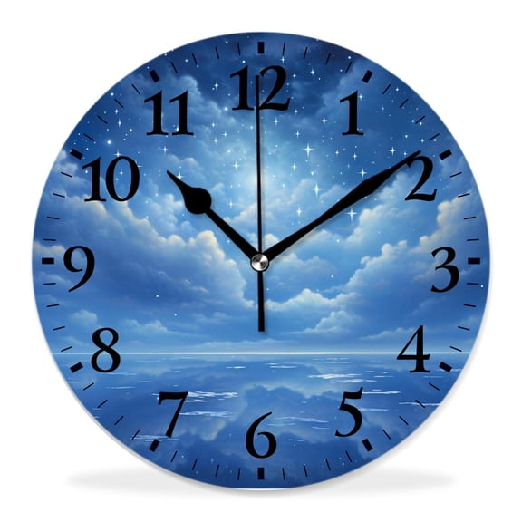 12 Inch Wall Clock Battery Operated Silent Clock Decorative for Office, Kitchen, Outdoor, Living Room,Fantasy Night Sky with Moon Falling Stars Clouds Horizon Image