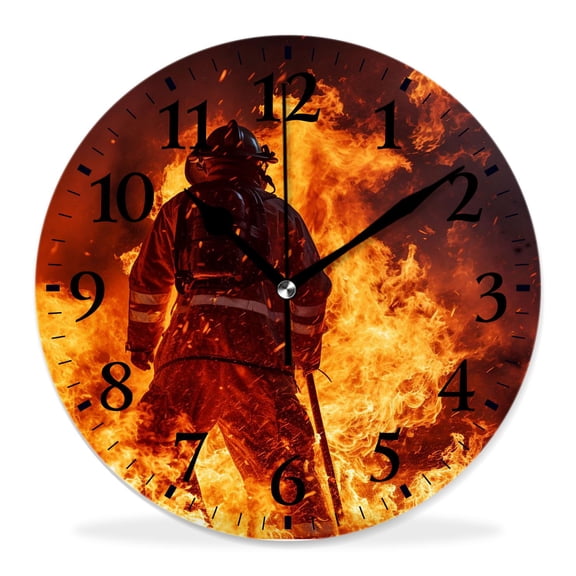 12 Inch Wall Clock Battery Operated Silent Clock Decorative for Office, Kitchen, Outdoor, Living Room，Firefighter Fireman Fighting in Fire Flame Multicolor