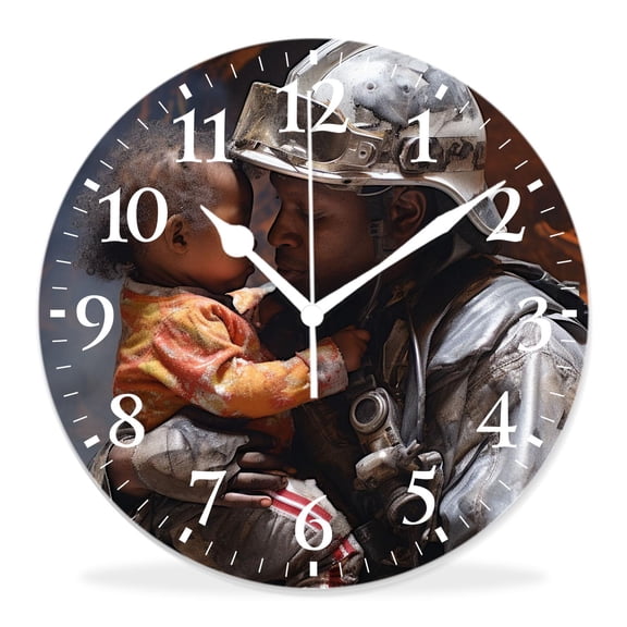 12 Inch Wall Clock Battery Operated Silent Clock Decorative for Office, Kitchen, Outdoor, Living RoomFireman Firefighter Rescue Boy Child Fire Flame Burning Building Picture