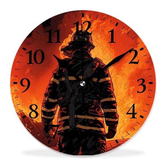 12 Inch Wall Clock Battery Operated Silent Clock Decorative for Office, Kitchen, Outdoor, Living Room，Fireman Firefighter Rescue Child in Fire Flame Adorable