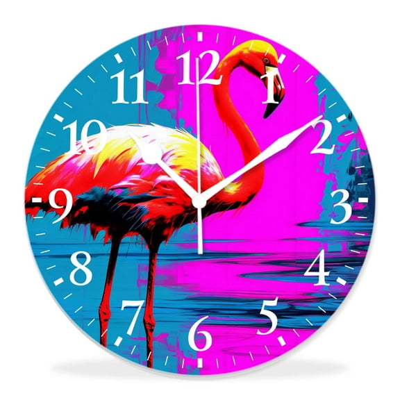 12 Inch Wall Clock Battery Operated Silent Clock Decorative for Office, Kitchen, Outdoor, Living RoomFlamingo on Multicolor Rainbow Colorful Striped Art