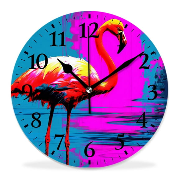 12 Inch Wall Clock Battery Operated Silent Clock Decorative for Office, Kitchen, Outdoor, Living RoomFlamingo on Multicolor Rainbow Colorful Striped Art