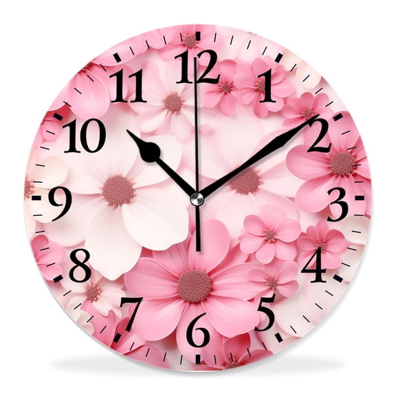 12 Inch Wall Clock Battery Operated Silent Clock Decorative for Office, Kitchen, Outdoor, Living Room，Floral Pattern Beautiful Tulip White Daisy Flower Drawing