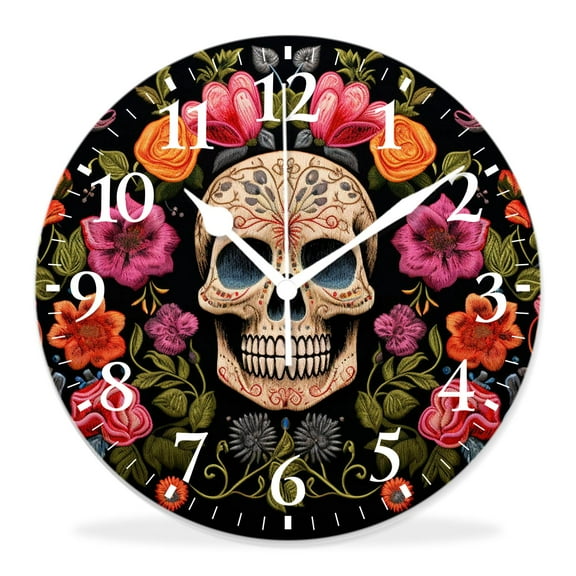12 Inch Wall Clock Battery Operated Silent Clock Decorative for Office, Kitchen, Outdoor, Living RoomFloral Print Day of The Dead Skull Gothic Painting