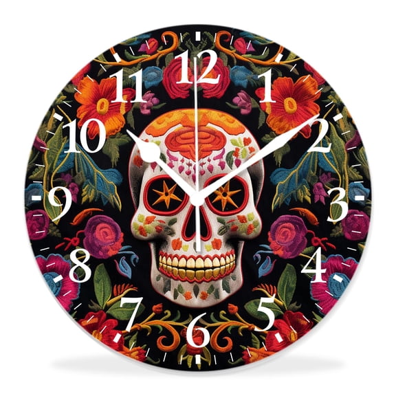 12 Inch Wall Clock Battery Operated Silent Clock Decorative for Office, Kitchen, Outdoor, Living RoomFloral Print Day of The Dead Skull Gothic Pattern