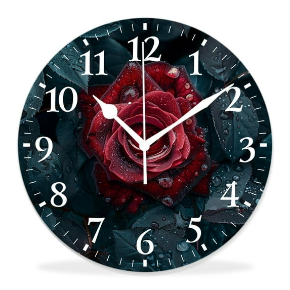 12 Inch Wall Clock Battery Operated Silent Clock Decorative for Office, Kitchen, Outdoor, Living Room,Floral Print Red Rose Flower Bud with Green Leaf Creative
