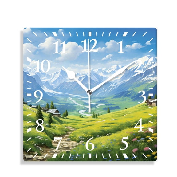12 Inch Wall Clock Battery Operated Silent Clock Decorative for Office, Kitchen, Outdoor, Living Room，Fog Sunrise of Grassy Landed Hills with Sky of Sunbeams Drawing