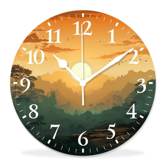 12 Inch Wall Clock Battery Operated Silent Clock Decorative for Office, Kitchen, Outdoor, Living RoomForest Coon Sunset Over Hills Tree Spring Season inspirations Print