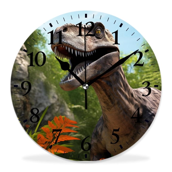 12 Inch Wall Clock Battery Operated Silent Clock Decorative for Office, Kitchen, Outdoor, Living RoomGiant Dinosaurs Destroying The Park Graceful Pattern