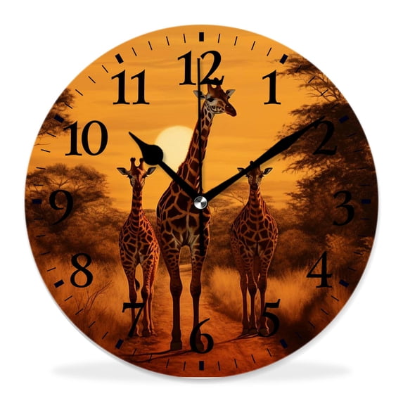 12 Inch Wall Clock Battery Operated Silent Clock Decorative for Office, Kitchen, Outdoor, Living Room,Giraffe Animals Walking in The Green forest Multicolor