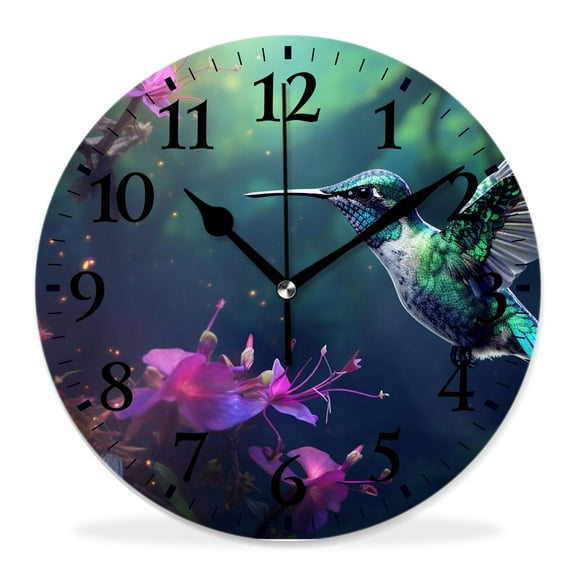 12 Inch Wall Clock Battery Operated Silent Clock Decorative for Office, Kitchen, Outdoor, Living RoomGreen Violet Hummingbird in Purple Flower Bird Floral Print Style