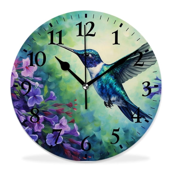 12 Inch Wall Clock Battery Operated Silent Clock Decorative for Office, Kitchen, Outdoor, Living RoomGreen Violet Hummingbird in Purple Flower Bird Floral Print Image