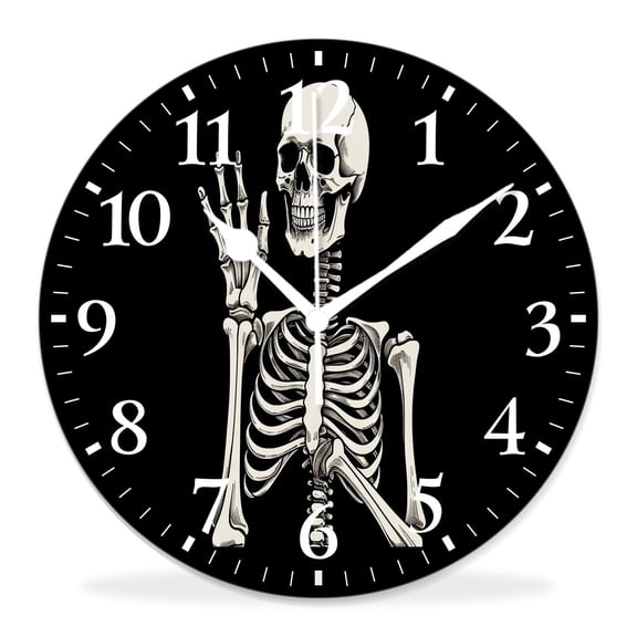 12 Inch Wall Clock Battery Operated Silent Clock Decorative for Office, Kitchen, Outdoor, Living RoomHuman Skeleton Posing Isolated Over Black Background Beautiful Drawing