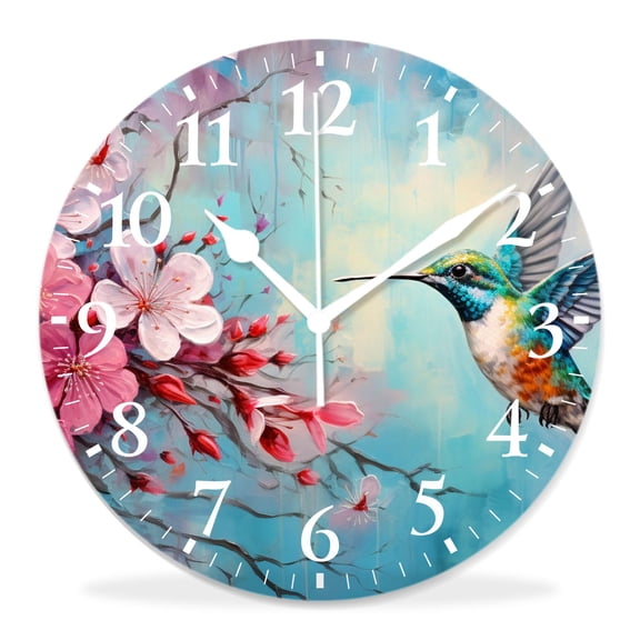 12 Inch Wall Clock Battery Operated Silent Clock Decorative for Office, Kitchen, Outdoor, Living RoomHummingbird Bird Butterfly with Colorful Floral Flower on Grunge Blue Creative