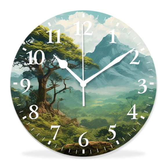 12 Inch Wall Clock Battery Operated Silent Clock Decorative for Office, Kitchen, Outdoor, Living Room，Landscape Nature Scene in Green Tones with Mountains and Trees Pattern